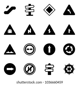 Solid vector icon set - escalator up vector, road signpost sign, main, turn left, tunnel, abrupt right, intersection, rough, no overtake, only forward, circle, parking even, hand wheel