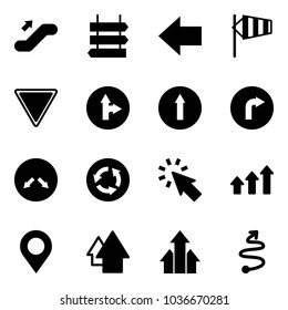 Solid vector icon set - escalator up vector, sign post, left arrow, side wind, giving way road, only forward right, detour, circle, cursor, arrows, map pin, trip