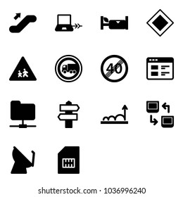 Solid vector icon set - escalator up vector, notebook connect, hotel, main road sign, children, no truck, end speed limit, website, network folder, signpost, growth, data exchange, satellite antenna