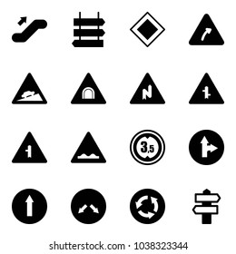 Solid vector icon set - escalator up vector, sign post, main road, turn right, climb, tunnel, abrupt, intersection, rough, limited height, only forward, detour, circle, signpost