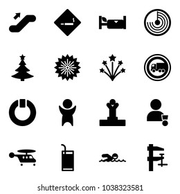 Solid vector icon set - escalator up vector, smoking area sign, hotel, radar, christmas tree, firework, no truck road, standby, success, winner, helicopter, drink, swimming, clamp