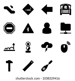 Solid vector icon set - escalator down vector, smoking area sign, left arrow, money chest, no way road, intersection, user, network folder, growth, award, storm, mouse wireless, hammer, ruler