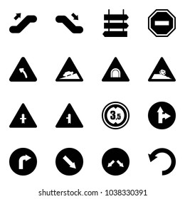 Solid vector icon set - escalator up vector, down, sign post, no way road, turn left, climb, tunnel, steep roadside, intersection, limited height, only forward right, detour, undo