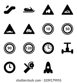 Solid vector icon set - escalator up vector, snowmobile, tractor way road sign, car crash, artificial unevenness, for moto, speed limit 10, 50, 90, 120, time, gyroscope, clock, Angular grinder