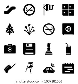 Solid vector icon set - escalator up vector, no smoking sign, side wind, baggage room, christmas tree, firework, safe, money case, save, chess queen, drink, suitcase, kite, car wireless, terms plan