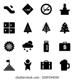 Solid vector icon set - escalator down vector, smoking area sign, no, recieptionist, baggage room, christmas tree, firework, snowfall, vial, money case, pyramid flag, success, suitcase, beer