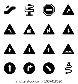 Solid vector icon set - escalator up vector, road signpost sign, no way, turn right, left, tunnel, abrupt, intersection, rough, only forward, detour, trip