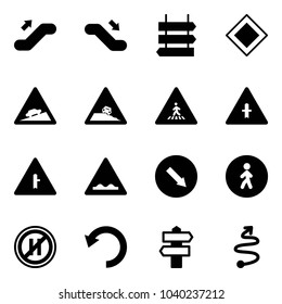 Solid vector icon set - escalator up vector, down, sign post, main road, climb, steep roadside, pedestrian, intersection, rough, detour, way, no parking even, undo, signpost, trip