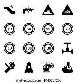 Solid vector icon set - escalator down vector, boarding passengers, steep roadside road sign, car crash, speed limit 10, 30, 50, 70, 80, 100, 130, gyroscope, Angular grinder, rocket, helicopter toy