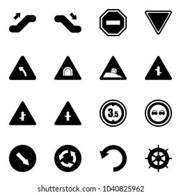 Solid vector icon set - escalator up vector, down, no way road sign, giving, turn left, tunnel, steep roadside, intersection, limited height, overtake, detour, circle, undo, hand wheel