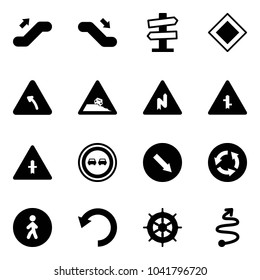 Solid vector icon set - escalator up vector, down, road signpost sign, main, turn left, steep roadside, abrupt right, intersection, no overtake, detour, circle, pedestrian way, undo, hand wheel
