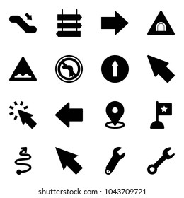 Solid vector icon set - escalator down vector, sign post, right arrow, tunnel road, rough, no left turn, only forward, cursor, map pin, flag, trip, wrench