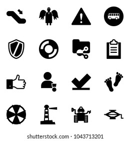 Solid vector icon set - escalator down vector, angel, attention road sign, bus, shield, lifebuoy, shared folder, clipboard, finger up, winner, check, feet, parasol, lighthouse, robot, jack