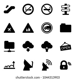 Solid vector icon set - escalator up vector, no smoking sign, road signpost, airport, children, truck, folder, network, download cloud, upload, open, growth, satellite antenna, wireless lock