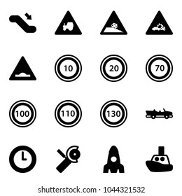 Solid vector icon set - escalator down vector, tractor way road sign, steep roadside, car crash, artificial unevenness, speed limit 10, 20, 70, 100, 110, 130, cabrio, clock, Angular grinder, rocket