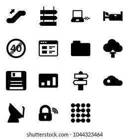 Solid vector icon set - escalator up vector, sign post, notebook connect, hotel, end speed limit road, website, folder, upload cloud, save, statistics, signpost, satellite antenna, wireless lock