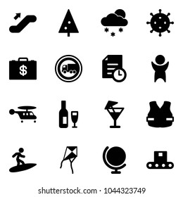 Solid vector icon set - escalator up vector, christmas tree, snowfall, virus, money case, no truck road sign, history, success, helicopter, wine, drink, life vest, surfing, kite, globe, conveyor