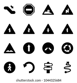 Solid vector icon set - escalator down vector, no way road sign, steep roadside, abrupt turn right, intersection, rough, only forward, detour, circle, pedestrian, undo, signpost, trip