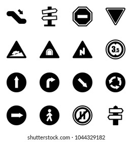 Solid vector icon set - escalator down vector, road signpost sign, no way, giving, climb, tunnel, abrupt turn right, limited height, only forward, detour, circle, pedestrian, parking even