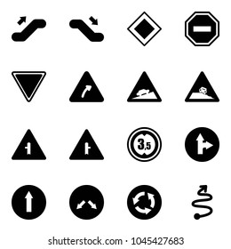 Solid vector icon set - escalator up vector, down, main road sign, no way, giving, turn right, climb, steep roadside, intersection, limited height, only forward, detour, circle, trip