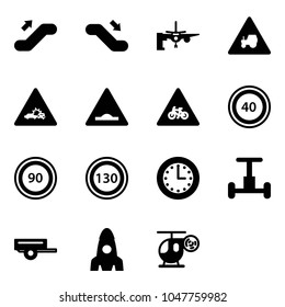 Solid vector icon set - escalator up vector, down, boarding passengers, tractor way road sign, car crash, artificial unevenness, for moto, speed limit 40, 90, 130, time, gyroscope, trailer, rocket