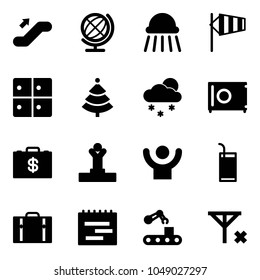 Solid vector icon set - escalator up vector, globe, shower, side wind, baggage room, christmas tree, snowfall, safe, money case, winner, success, drink, suitcase, terms plan, conveyor, no signal