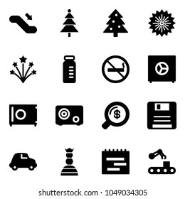 Solid vector icon set - escalator down vector, christmas tree, firework, vial, no smoking sign, safe, money search, save, car, chess queen, terms plan, conveyor