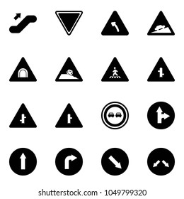 Solid vector icon set - escalator up vector, giving way road sign, turn left, climb, tunnel, steep roadside, pedestrian, intersection, no overtake, only forward right, detour