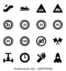 Solid vector icon set - escalator up vector, snowmobile, car crash road sign, for moto, limited height, speed limit 20, 30, 40, 80, 100, end, flags cross, gyroscope, clock, Angular grinder, rocket