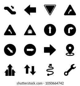 Solid vector icon set - escalator down vector, left arrow, giving way road sign, turn right, tunnel, only forward, detour, map pin, arrows up, trip, wrench