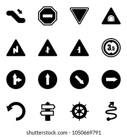 Solid vector icon set - escalator down vector, no way road sign, giving, tunnel, abrupt turn right, intersection, limited height, only forward, detour, undo, signpost, hand wheel, trip