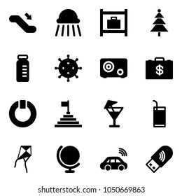 Solid vector icon set - escalator down vector, shower, baggage room, christmas tree, vial, virus, safe, money case, standby, pyramid flag, drink, kite, globe, car wireless, usb wi fi