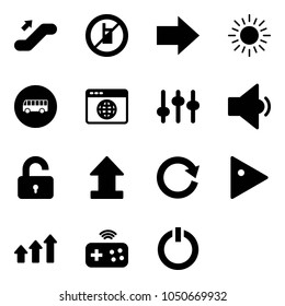 Solid vector icon set - escalator up vector, no mobile sign, right arrow, sun, bus road, browser globe, settings, low volume, unlocked, uplooad, reload, play, arrows, joystick wireless