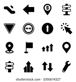 Solid vector icon set - escalator down vector, left arrow, dollar pin, road signpost sign, giving way, no overtake, only forward, cursor, map, flag, arrows up, wrench