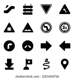 Solid vector icon set - escalator up vector, sign post, giving way road, turn left, tunnel, rough, no, limited height, only right, detour, arrow, download, flag, trip, navigation pin