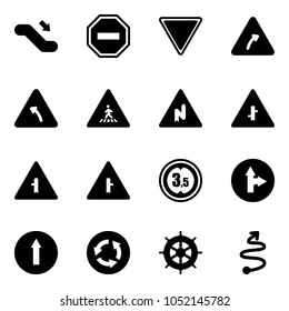 Solid vector icon set - escalator down vector, no way road sign, giving, turn right, left, pedestrian, abrupt, intersection, limited height, only forward, circle, hand wheel, trip