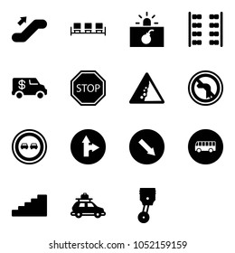 Solid vector icon set - escalator up vector, waiting area, terrorism, plane seats, encashment car, stop road sign, landslide, no left turn, overtake, only forward right, detour, bus, stairs, baggage