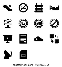 Solid vector icon set - escalator down vector, no smoking sign, post, hotel, road signpost, limited height, truck, parking, presentation board, agreement, cloud, data exchange, satellite antenna