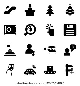 Solid vector icon set - escalator up vector, recieptionist, christmas tree, safe, money search, hand touch, save, pyramid flag, winner, helicopter, dialog, kite, car wireless, conveyor, clamp