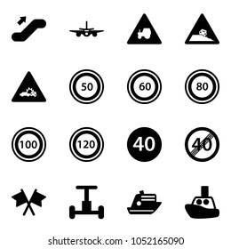 Solid vector icon set - escalator up vector, plane, tractor way road sign, steep roadside, car crash, speed limit 50, 60, 80, 100, 120, minimal, end, flags cross, gyroscope, cruiser, toy boat