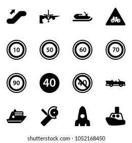 Solid vector icon set - escalator up vector, boarding passengers, snowmobile, road for moto sign, speed limit 10, 50, 60, 70, 90, minimal, end, cabrio, cruiser, Angular grinder, rocket, toy boat