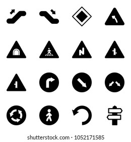 Solid vector icon set - escalator up vector, down, main road sign, turn left, tunnel, pedestrian, abrupt right, intersection, only, detour, circle, way, undo, signpost