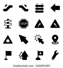 Solid vector icon set - escalator up vector, down, sign post, left arrow, road signpost, stop, turn right, tunnel, cursor, map pin, flag, wrench