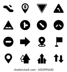 Solid vector icon set - escalator down vector, dollar pin, giving way road sign, turn left, rough, only forward right, detour, arrow, map, flag, up, arrows