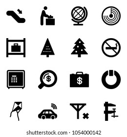 Solid vector icon set - escalator down vector, baby room, globe, radar, baggage, christmas tree, no smoking sign, safe, money search, case, standby, kite, car wireless, signal, clamp