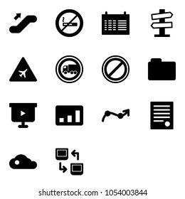 Solid vector icon set - escalator up vector, no smoking sign, schedule, road signpost, airport, truck, parking, folder, presentation board, statistics, chart point arrow, agreement, cloud
