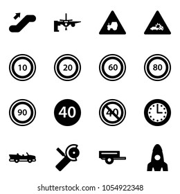 Solid vector icon set - escalator up vector, boarding passengers, tractor way road sign, car crash, speed limit 10, 20, 60, 80, 90, minimal, end, time, cabrio, Angular grinder, trailer, rocket