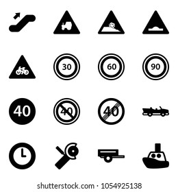 Solid vector icon set - escalator up vector, tractor way road sign, steep roadside, artificial unevenness, for moto, speed limit 30, 60, 90, minimal, end, cabrio, clock, Angular grinder, trailer