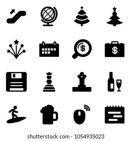 Solid vector icon set - escalator up vector, globe, christmas tree, firework, schedule, money search, case, save, chess queen, winner, wine, surfing, beer, mouse wireless, terms plan