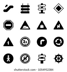 Solid vector icon set - escalator up vector, sign post, road signpost, main, no way, climb, tunnel, abrupt turn right, intersection, limited height, only, circle, pedestrian, parking even